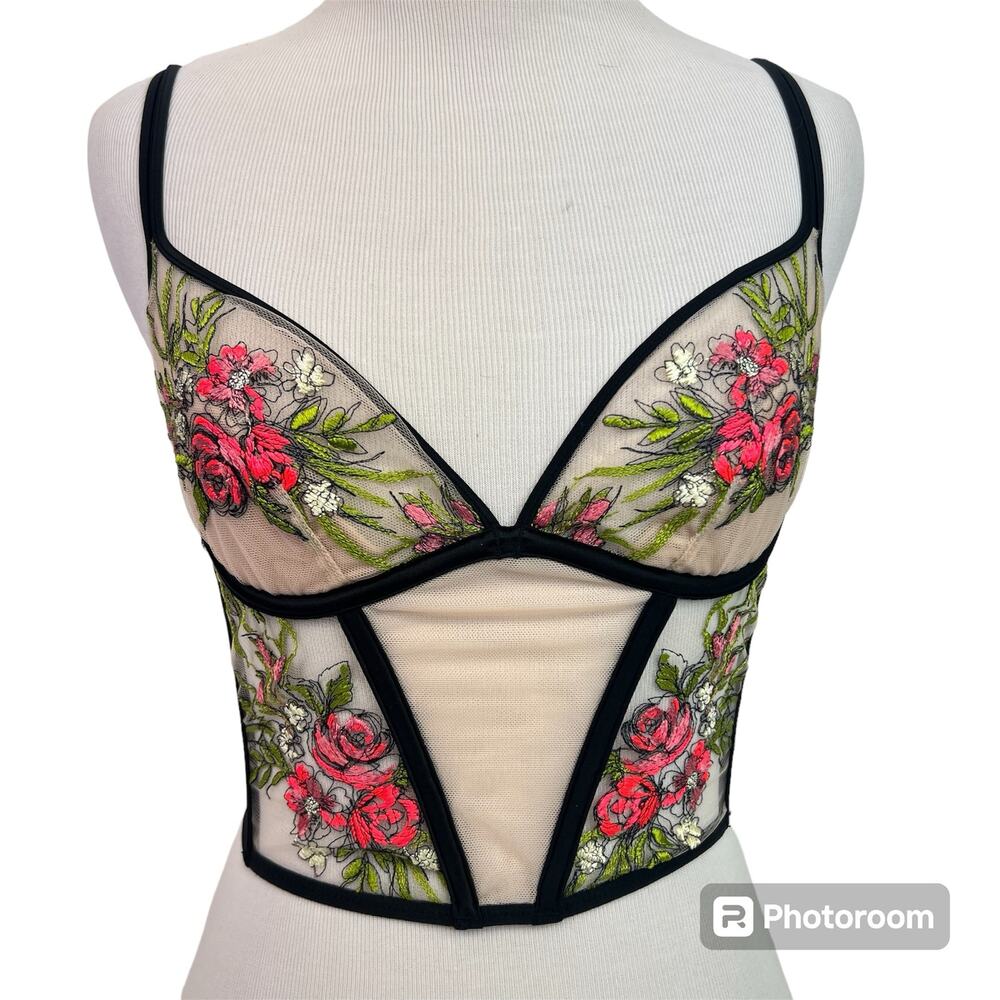 Victoria's Secret Corset Top Size 32C Floral Pink Green Rare Embroidery